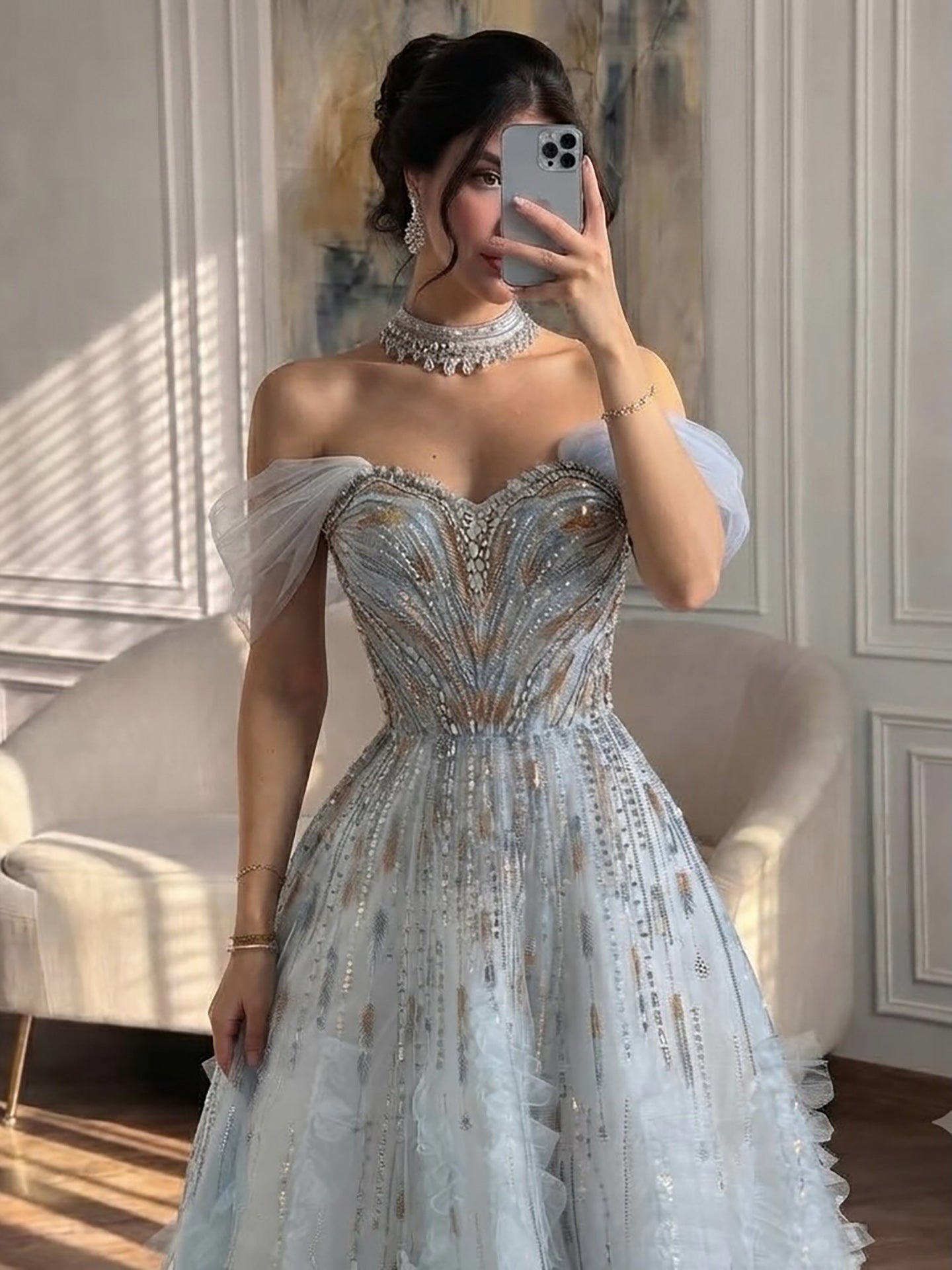 Luxury Light Blue Off The Shoulder Beaded Tiered Ruffle Dress LA73843