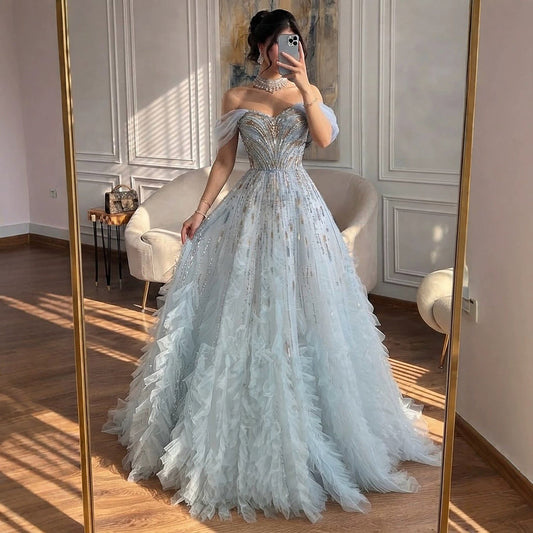 Luxury Light Blue Off The Shoulder Beaded Tiered Ruffle Dress LA73843