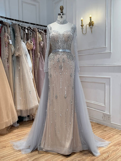 Luxury Gray Nude Pearls Beaded Mermaid Evening Dress Overskirt LA73884