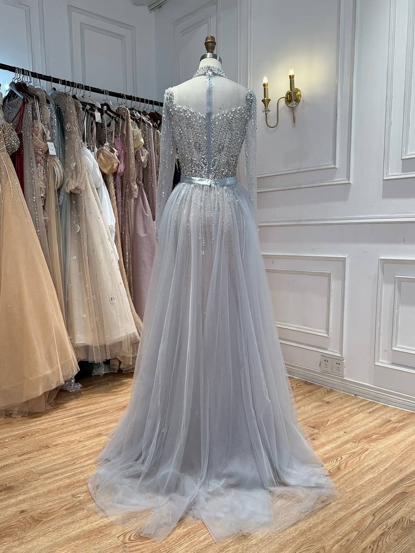 Luxury Gray Nude Pearls Beaded Mermaid Evening Dress Overskirt LA73884