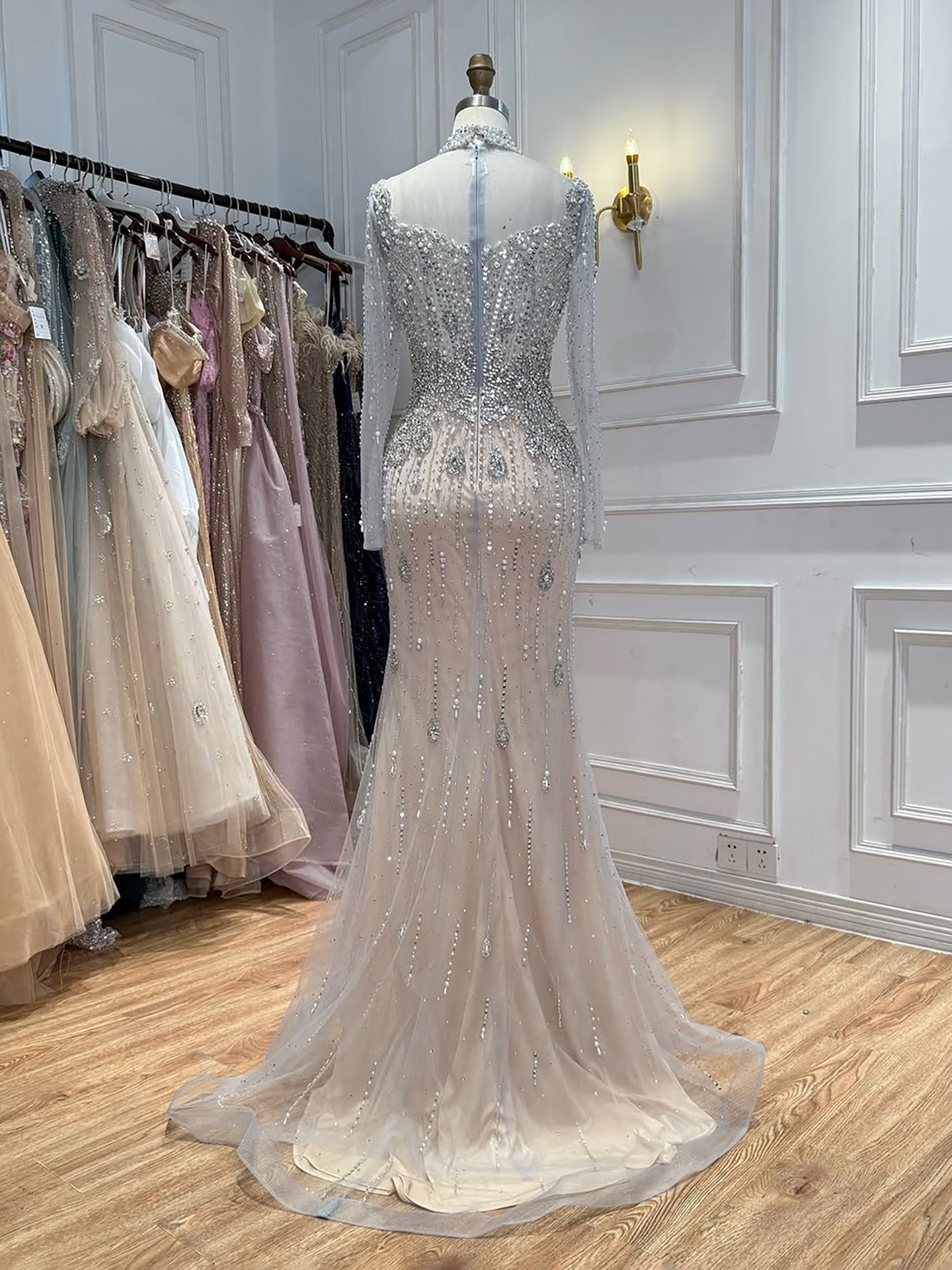 Luxury Gray Nude Pearls Beaded Mermaid Evening Dress Overskirt LA73884