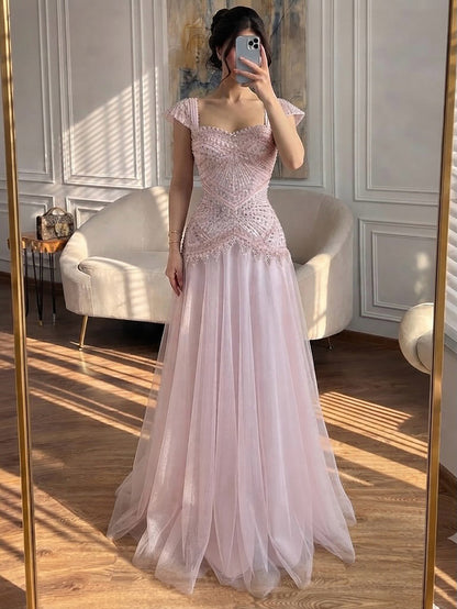 Luxury Pink Beaded Cap Sleeve Lace Up A-Line Dress LA73844