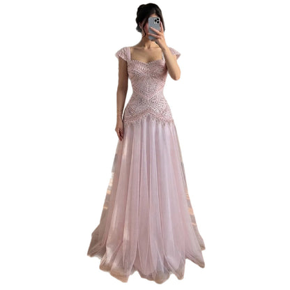 Luxury Pink Beaded Cap Sleeve Lace Up A-Line Dress LA73844