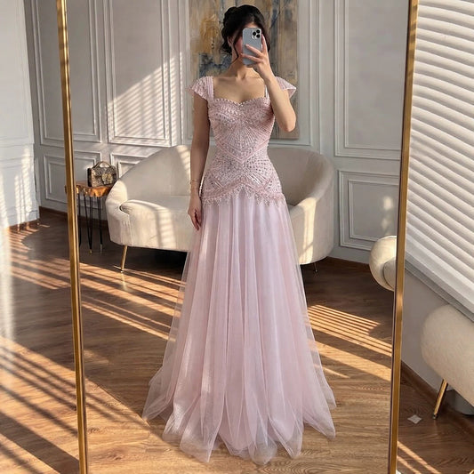 Luxury Pink Beaded Cap Sleeve Lace Up A-Line Dress LA73844