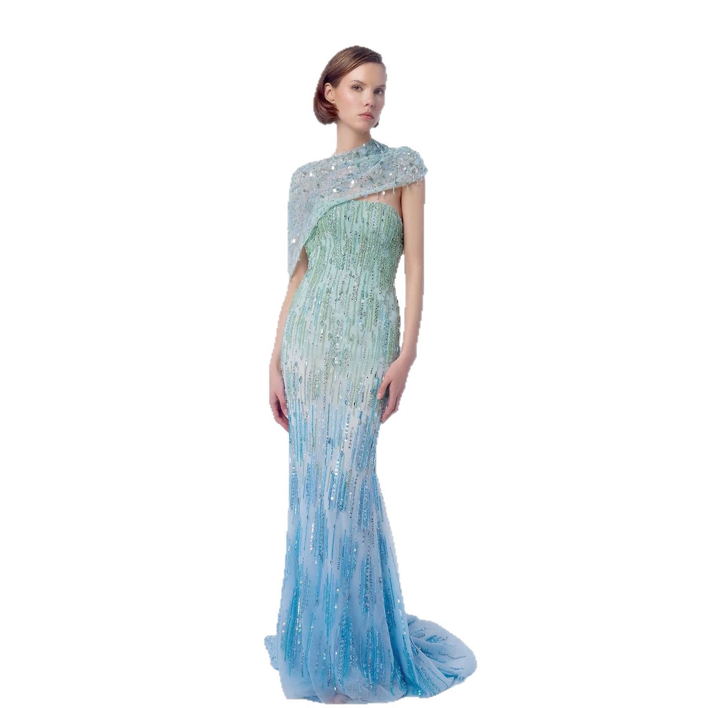 Luxury Blue One Shoulder Ombre Beaded Backless Mermaid Dress LA73845