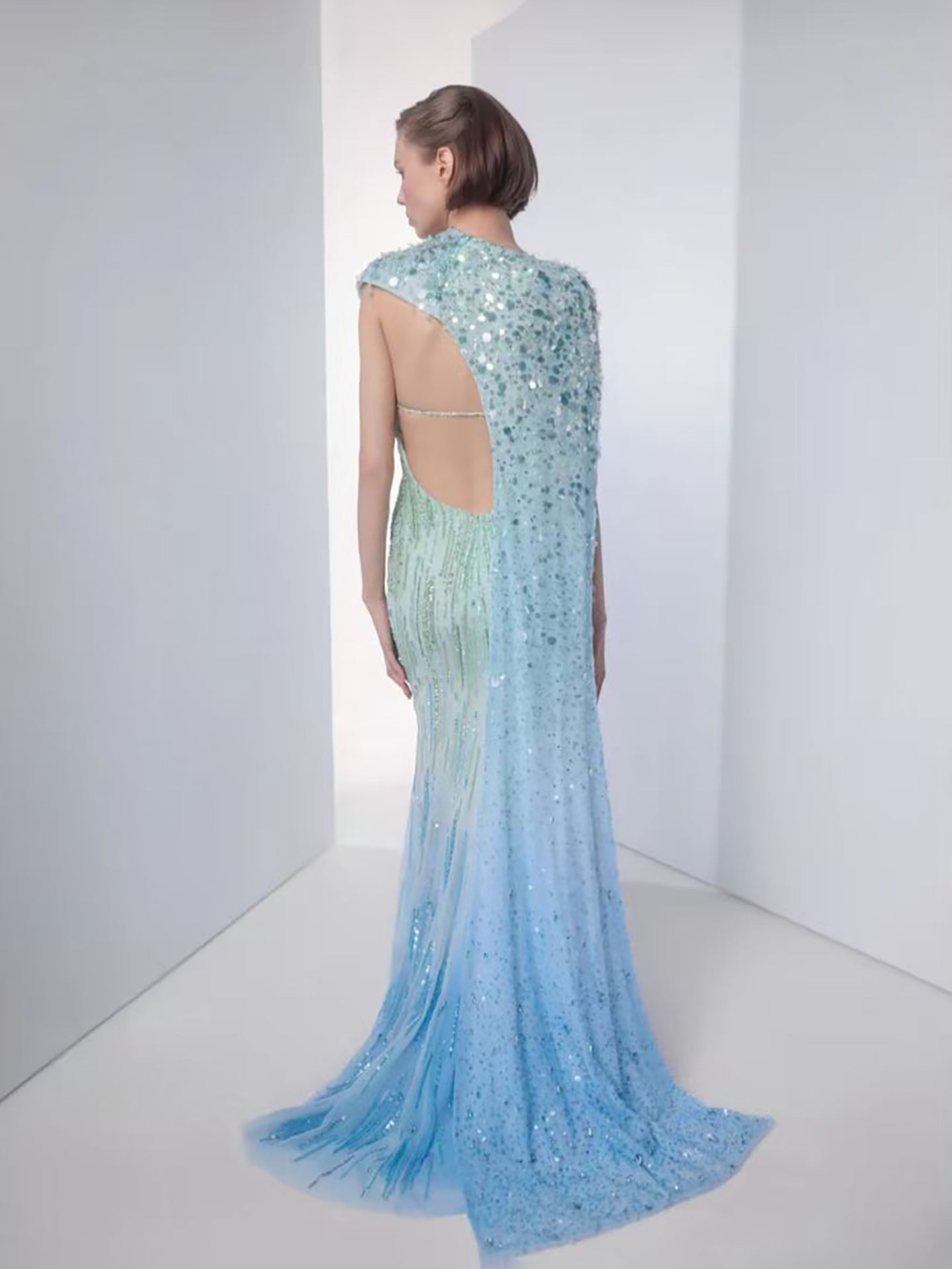 Luxury Blue One Shoulder Ombre Beaded Backless Mermaid Dress LA73845