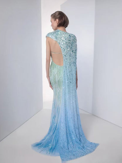 Luxury Blue One Shoulder Ombre Beaded Backless Mermaid Dress LA73845