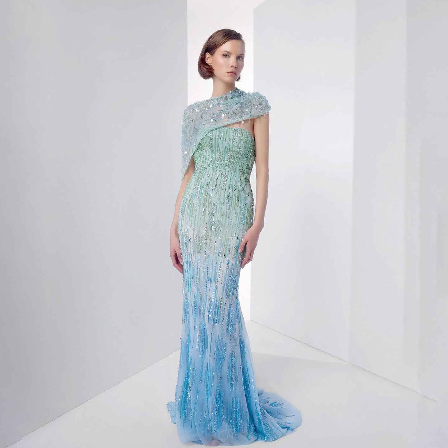 Luxury Blue One Shoulder Ombre Beaded Backless Mermaid Dress LA73845