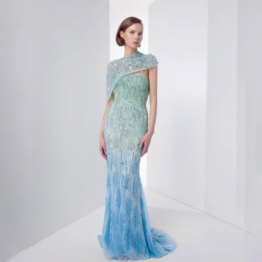 Luxury Blue One Shoulder Ombre Beaded Backless Mermaid Dress LA73845