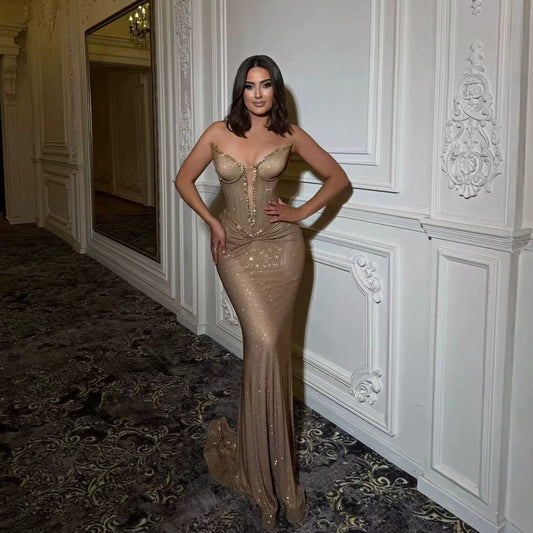 Luxury Gold Plunging Sweetheart Ruched Fitted Mermaid Dress LA73846
