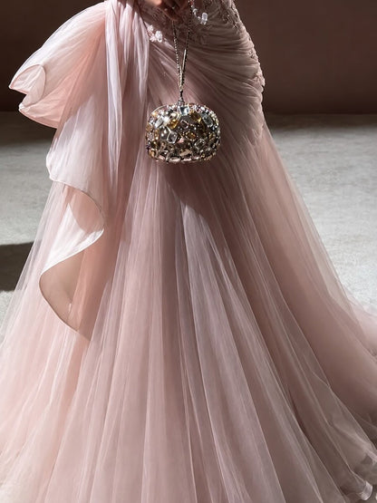 Luxury Pink Square Neck 3D Floral Asymmetric Draped Mermaid Dress LA73847