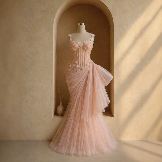 Luxury Pink Square Neck 3D Floral Asymmetric Draped Mermaid Dress LA73847