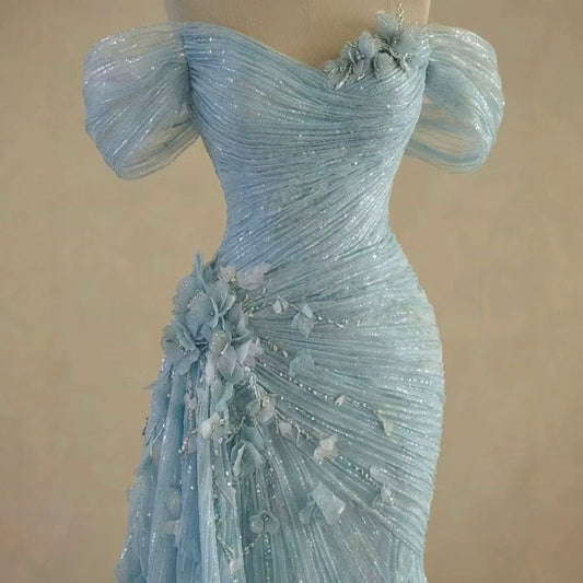 Luxury Light Blue Off The Shoulder 3D Floral Ruched Mermaid Dress LA73850