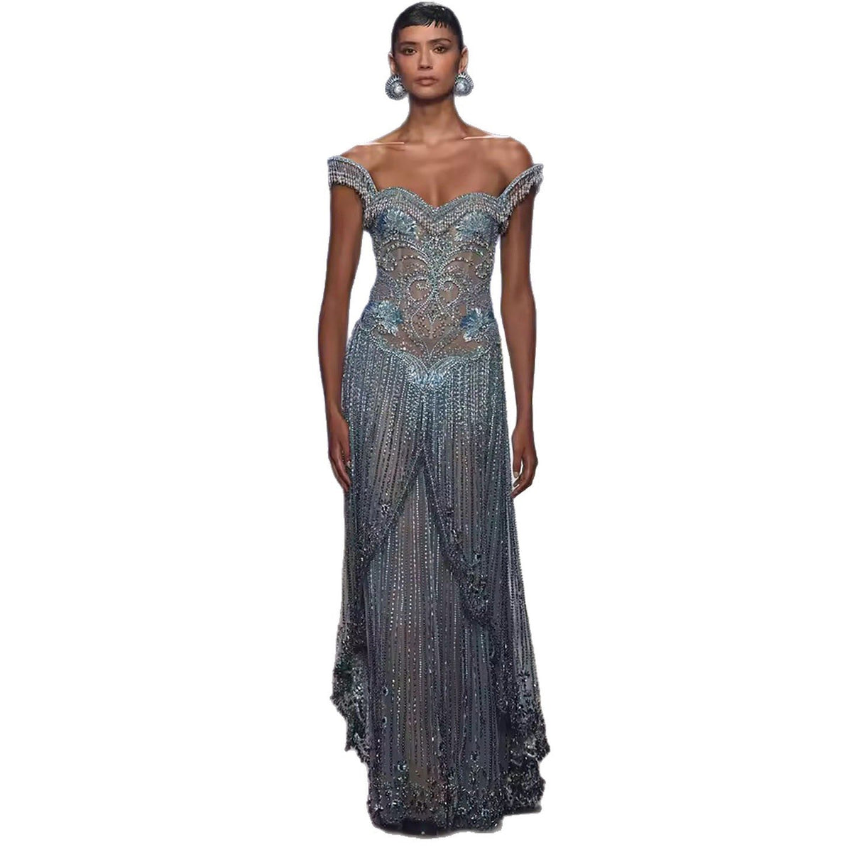 Luxury Blue Off Shoulder Tassel Beaded Arabic Evening Dress LA73851