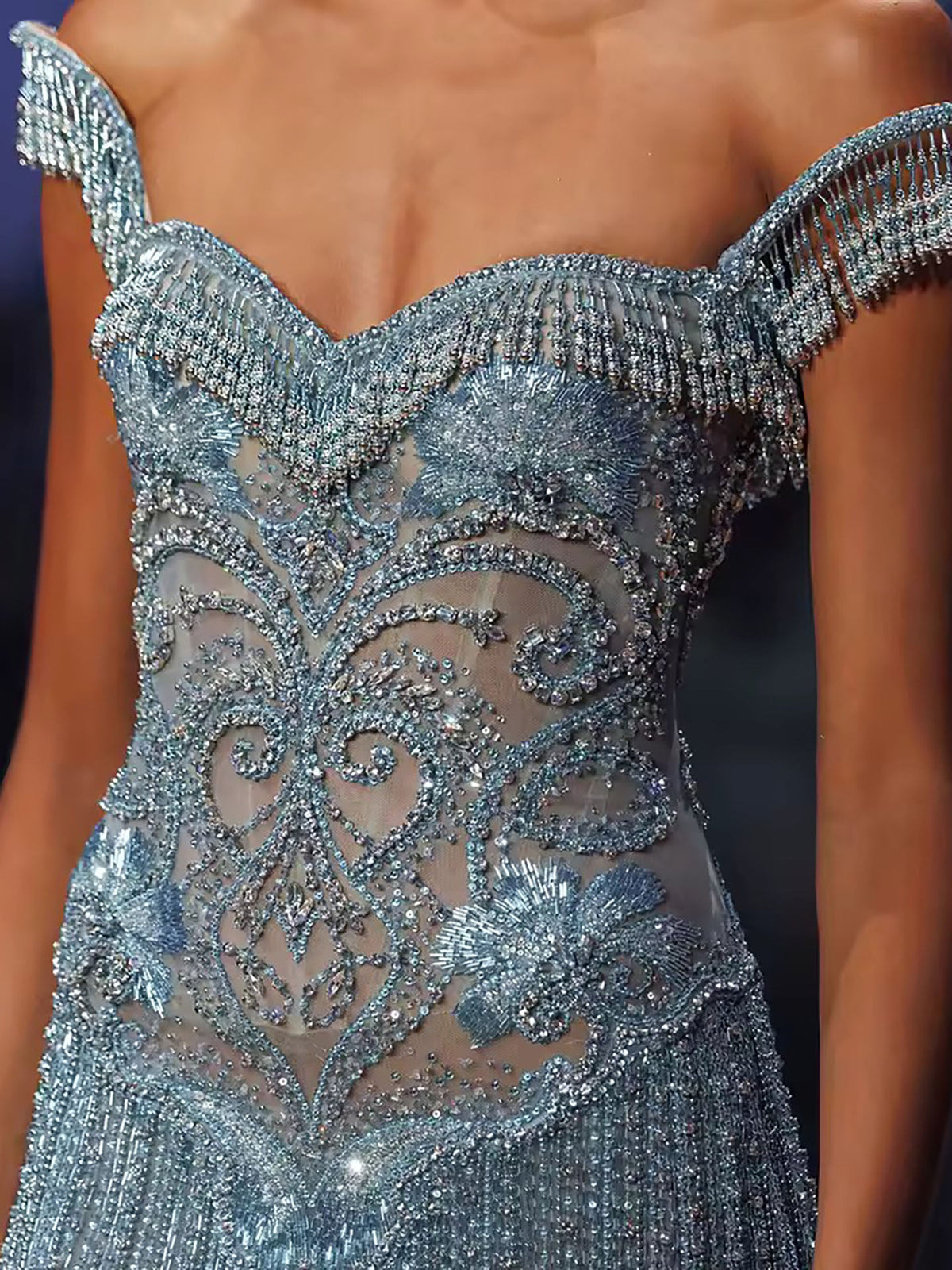 Luxury Blue Off Shoulder Tassel Beaded Arabic Evening Dress LA73851