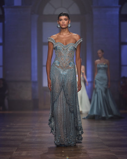 Luxury Blue Beaded A-Line Evening Dress With Tassels LA73851