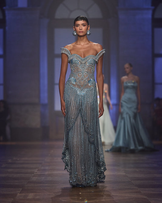 Luxury Blue Beaded A-Line Evening Dress With Tassels LA73851