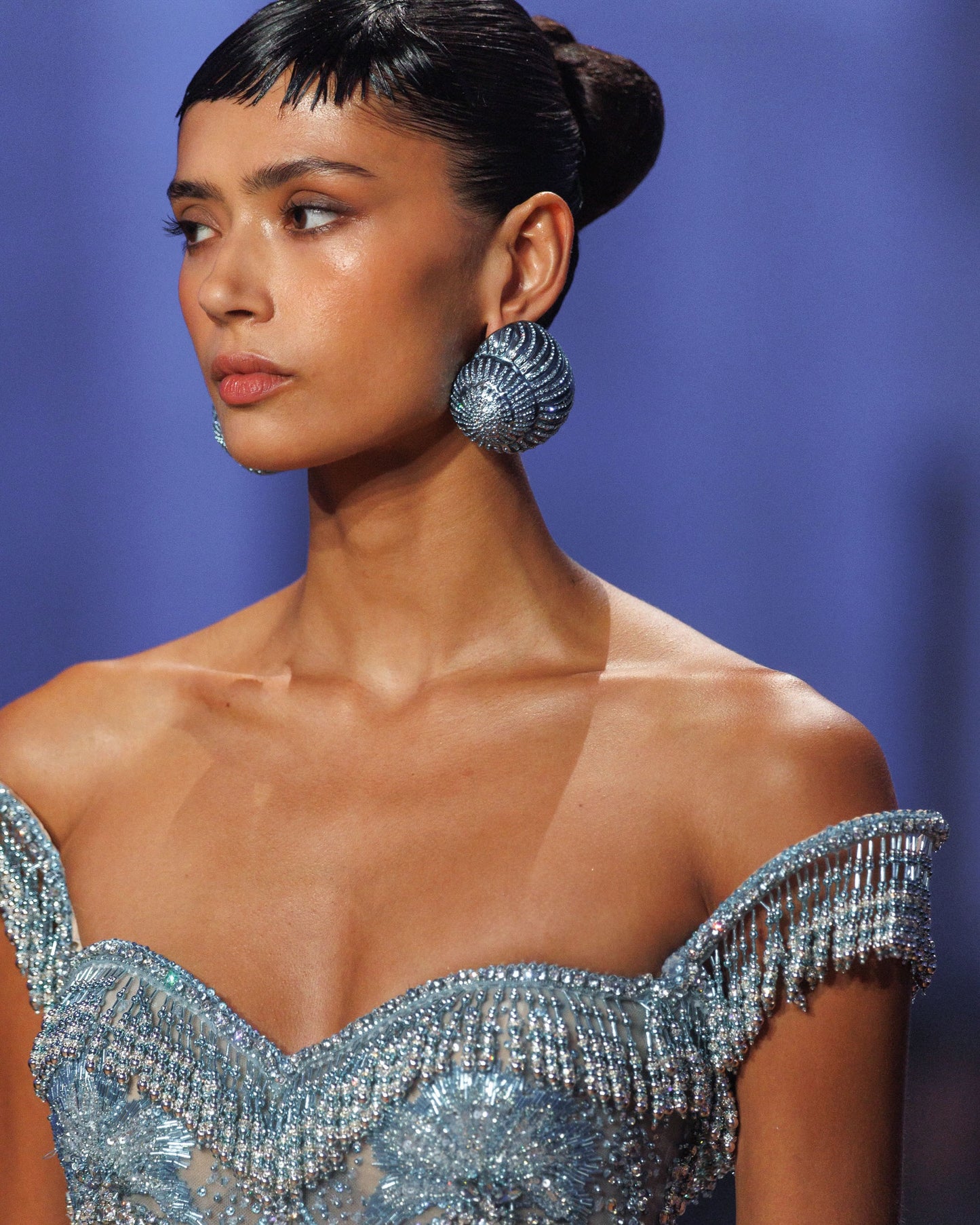 Luxury Blue Beaded A-Line Evening Dress With Tassels LA73851