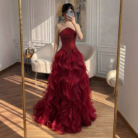 Luxury Wine Red Strapless Basque Shimmering Cascading Ruffle Dress LA73852