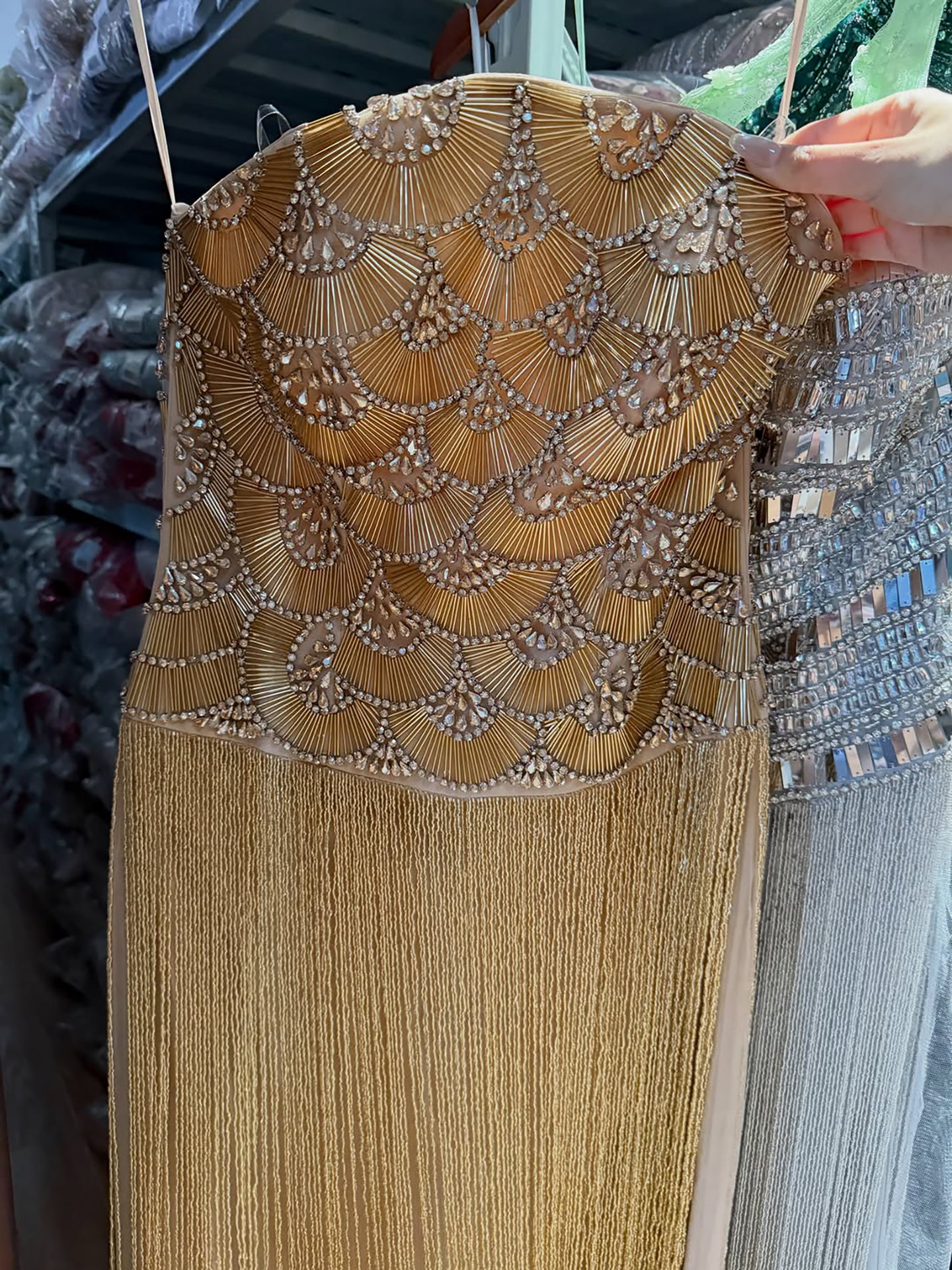 Luxury Gold Beaded Fringe Strapless Art Deco Dress LA73853