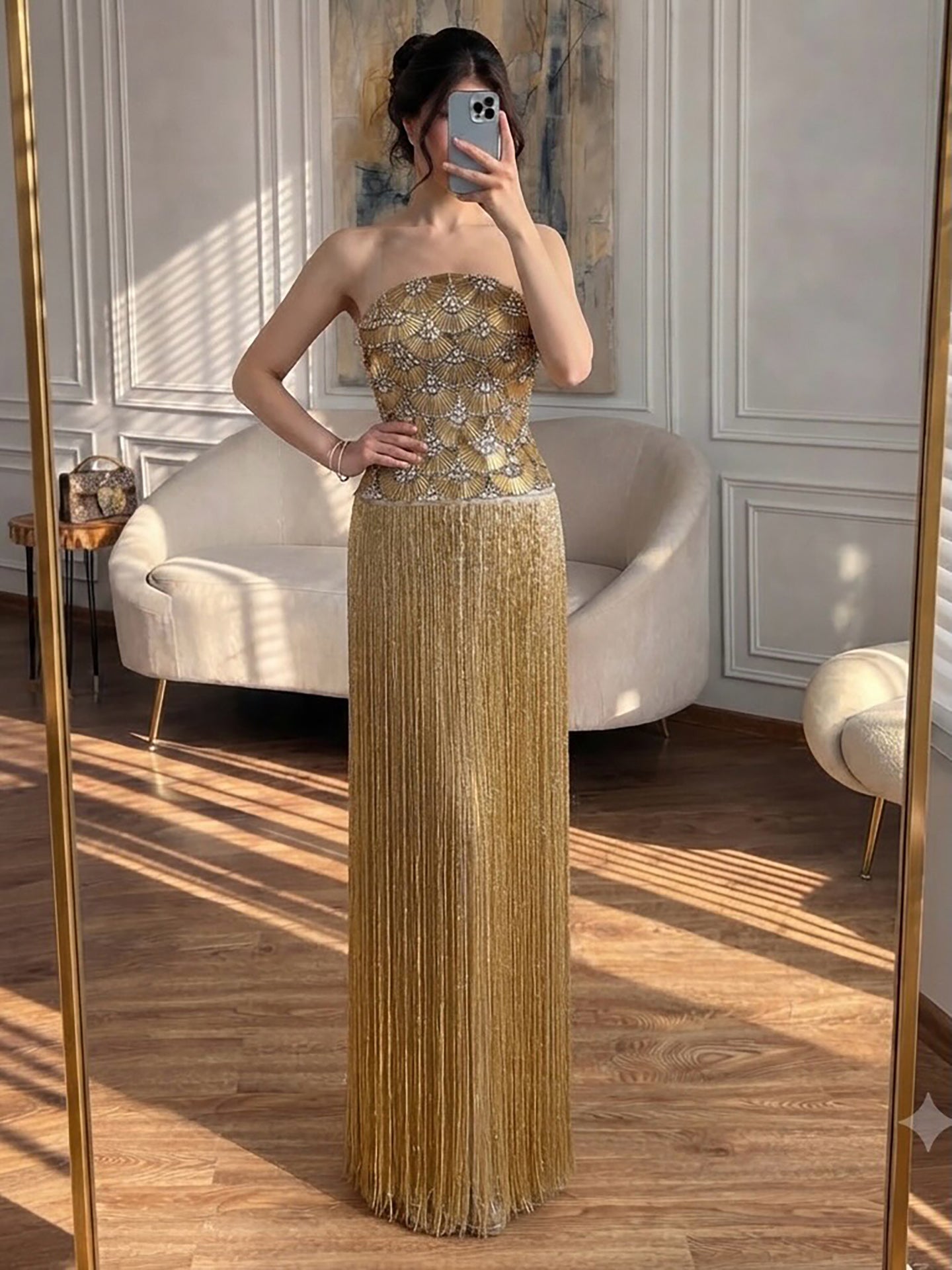 Luxury Gold Beaded Fringe Strapless Art Deco Dress LA73853