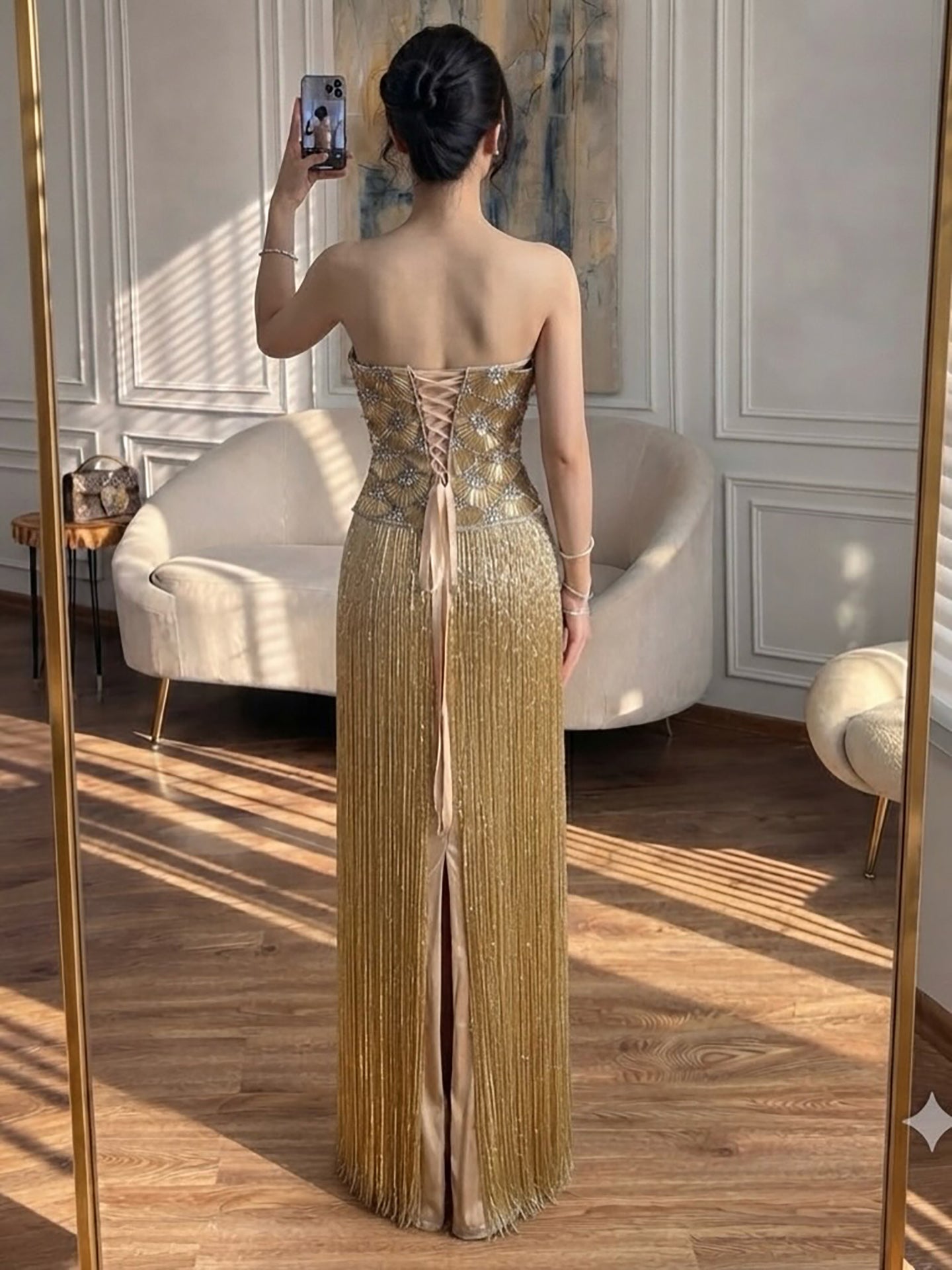 Luxury Gold Beaded Fringe Strapless Art Deco Dress LA73853