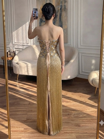 Luxury Gold Beaded Fringe Strapless Art Deco Dress LA73853