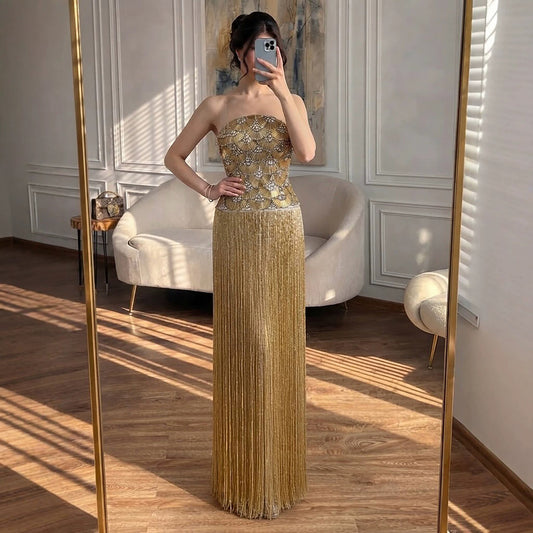 Luxury Gold Beaded Fringe Strapless Art Deco Dress LA73853