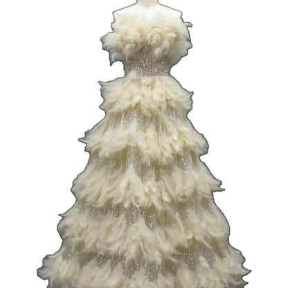 Luxury Beige Strapless Tiered Feather Sequin A Line Dress LA73854