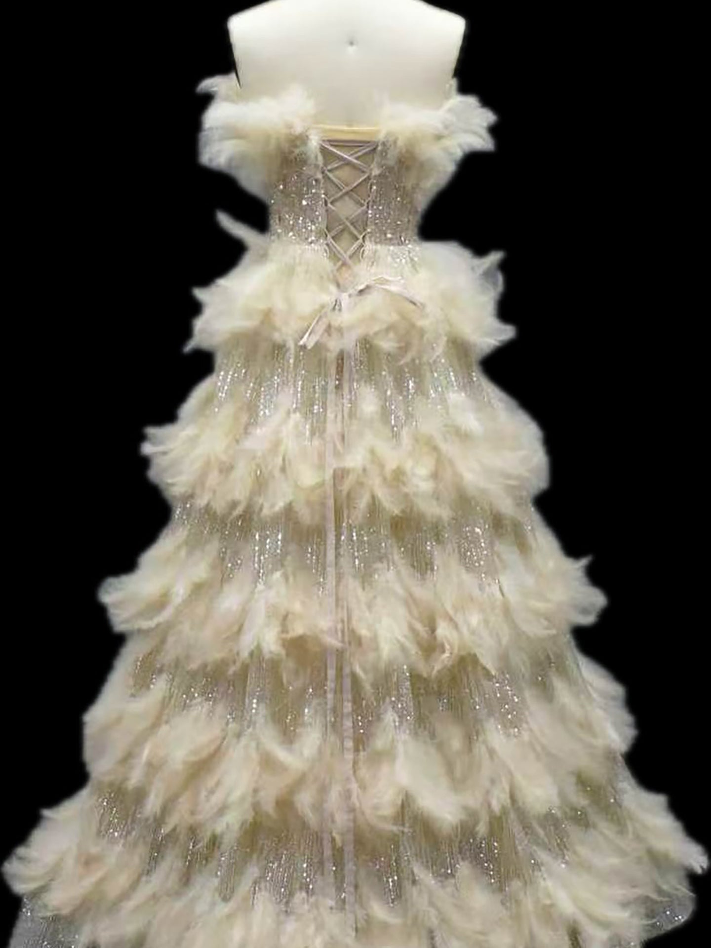 Luxury Beige Strapless Tiered Feather Sequin A Line Dress LA73854