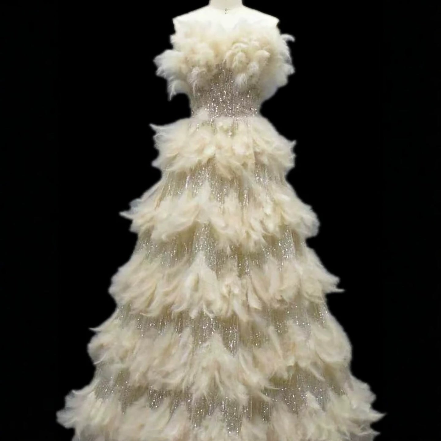 Luxury Beige Strapless Tiered Feather Sequin A Line Dress LA73854