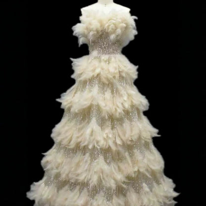 Luxury Beige Strapless Tiered Feather Sequin A Line Dress LA73854