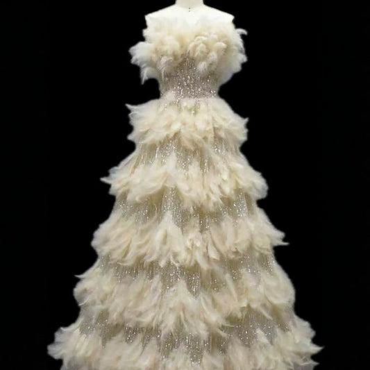 Luxury Beige Strapless Tiered Feather Sequin A Line Dress LA73854