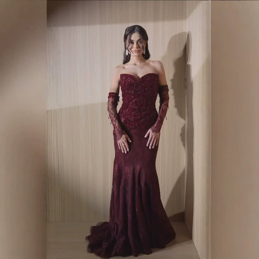 Wine Red Strapless Lace Beaded Detachable Long Sleeve Dress LA73855