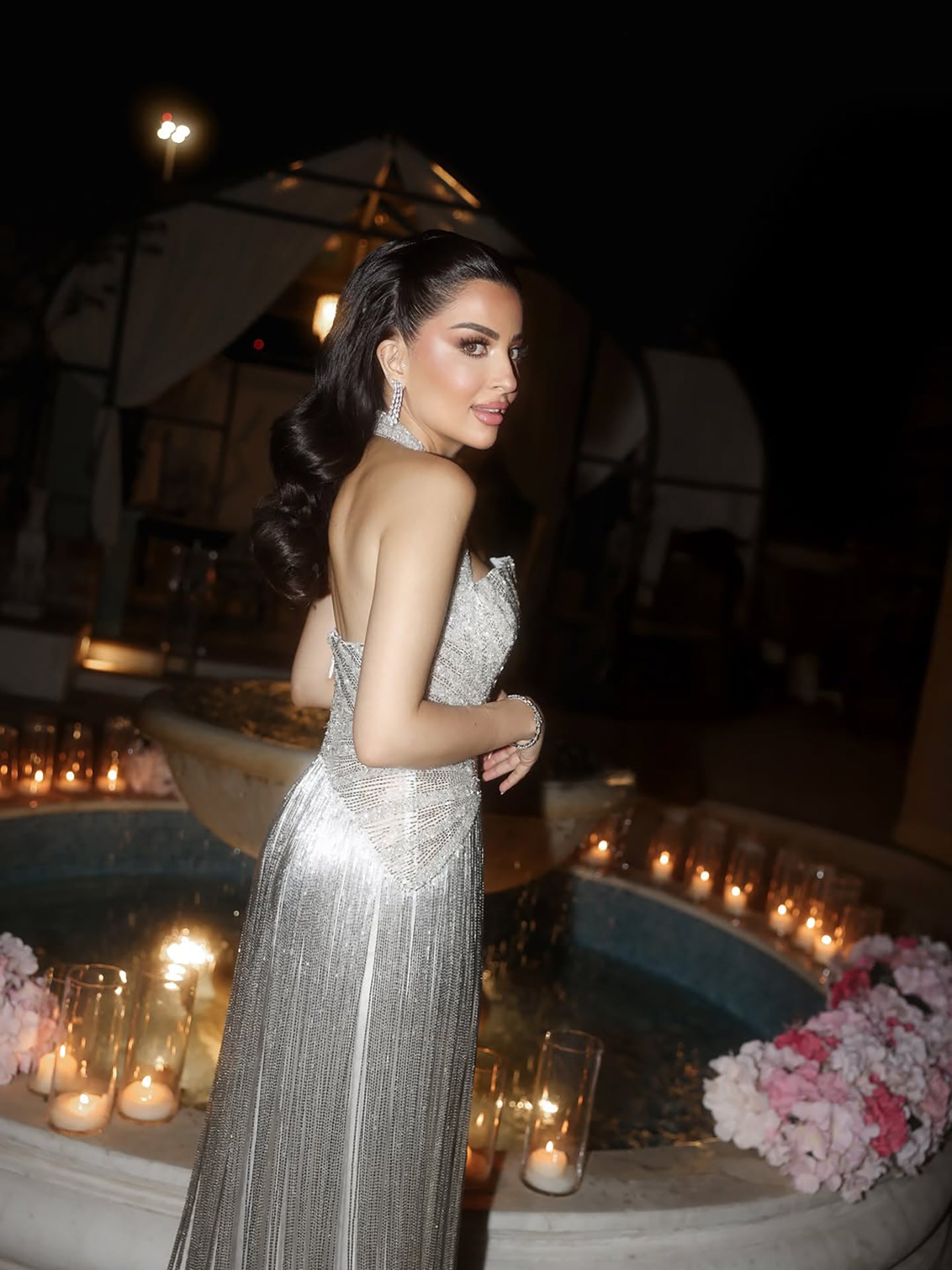 Luxury Silver Halter Beaded Shimmering Fringe Gown LA73856