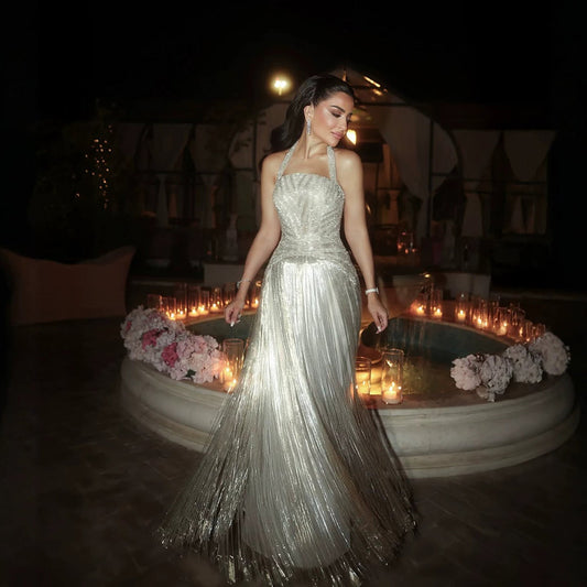 Luxury Silver Halter Beaded Shimmering Fringe Gown LA73856