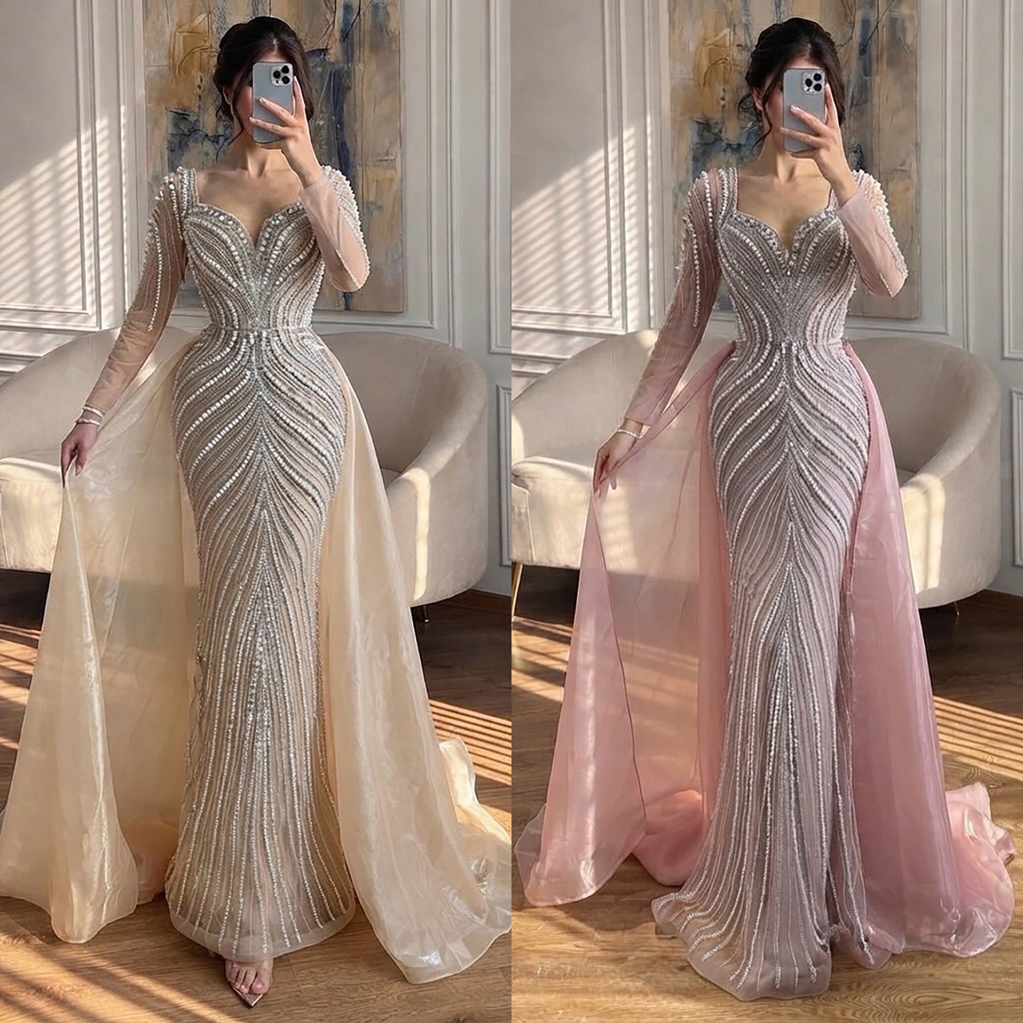 Luxury Nude Long Sleeve Pearl Beaded Mermaid Evening Dress LA73858