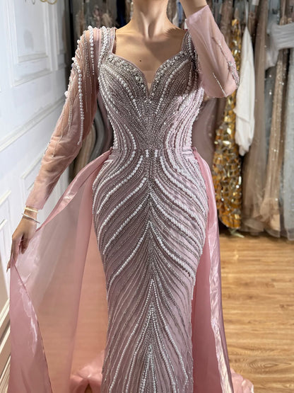 Luxury Nude Long Sleeve Pearl Beaded Mermaid Evening Dress LA73858