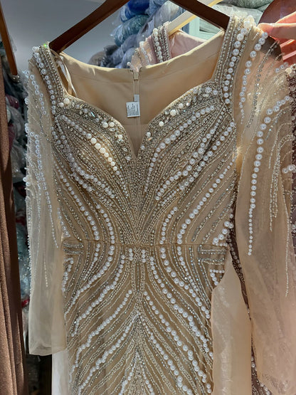 Luxury Nude Long Sleeve Pearl Beaded Mermaid Evening Dress LA73858