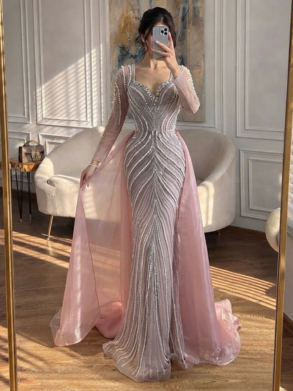 Luxury Nude Long Sleeve Pearl Beaded Mermaid Evening Dress LA73858