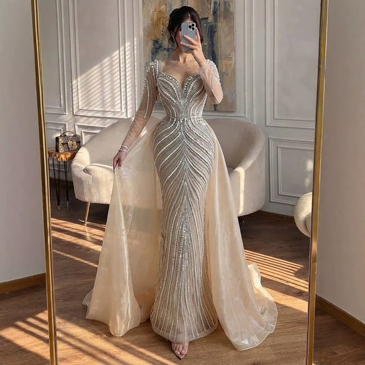 Luxury Nude Long Sleeve Pearl Beaded Mermaid Evening Dress LA73858
