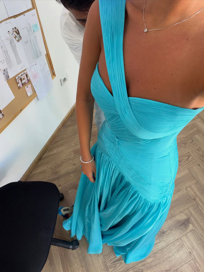Luxury Aqua Blue One Shoulder Beaded Ruched Chiffon Dress LA73860