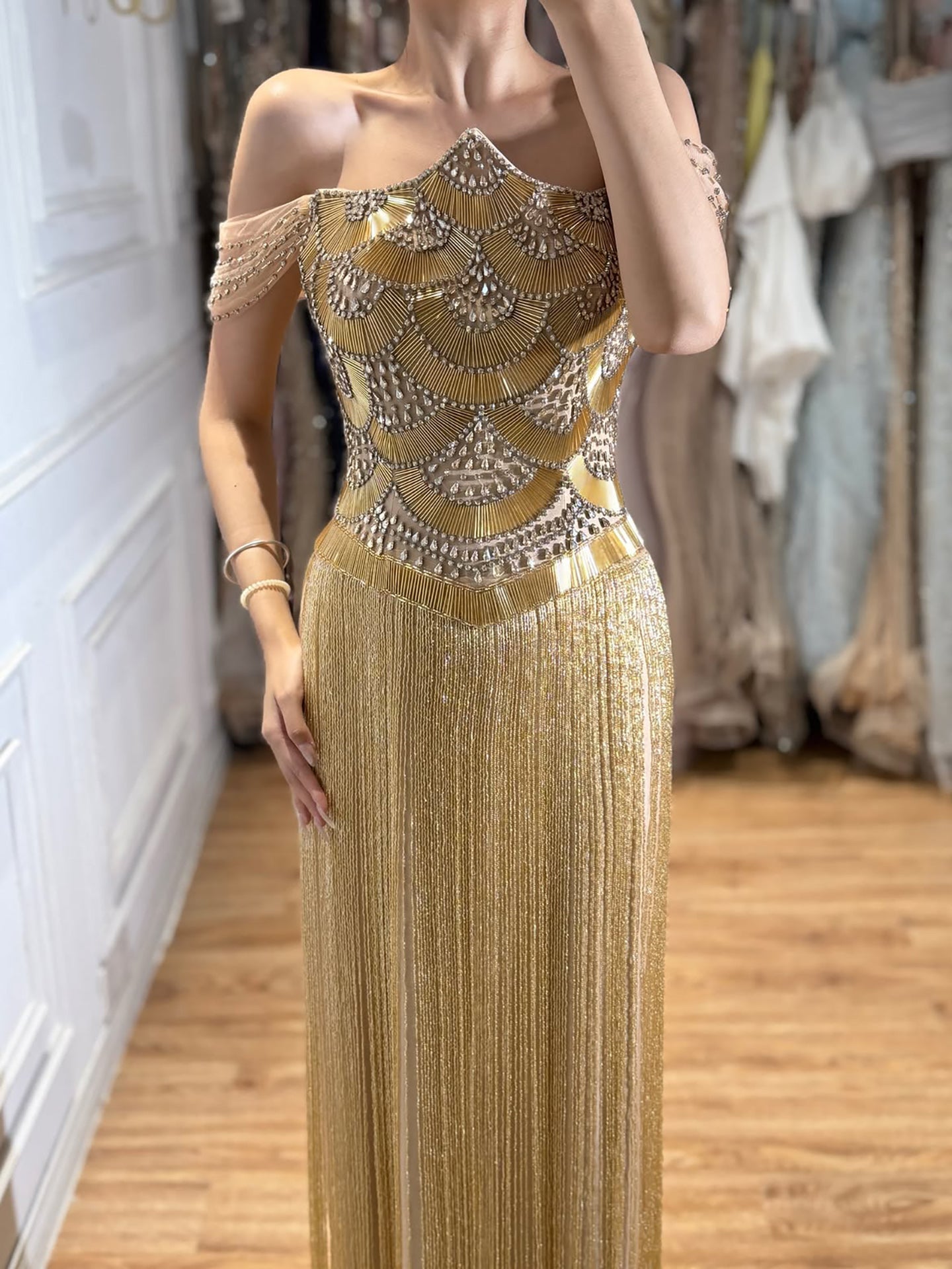 Luxury Gold Off the Shoulder Crystal Beaded Fringe Evening Dress LA73861
