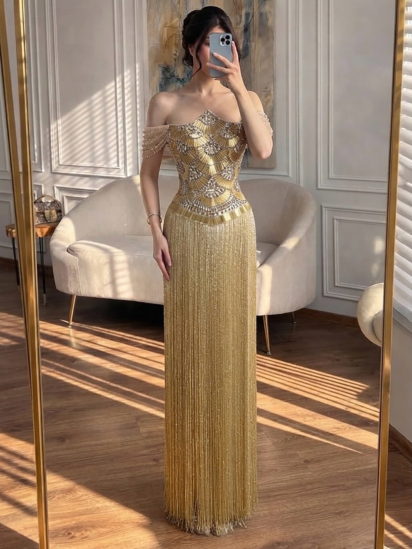 Luxury Gold Off the Shoulder Crystal Beaded Fringe Evening Dress LA73861