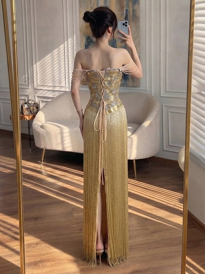 Luxury Gold Off the Shoulder Crystal Beaded Fringe Evening Dress LA73861