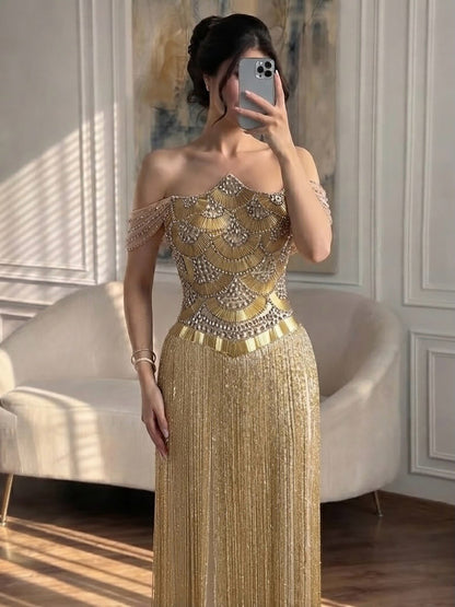 Luxury Gold Off the Shoulder Crystal Beaded Fringe Evening Dress LA73861