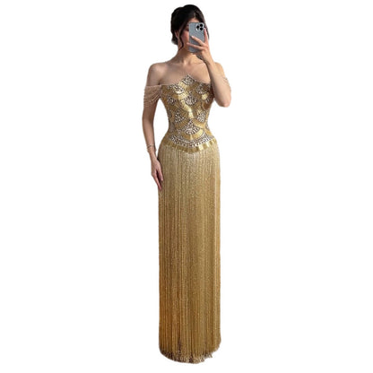 Luxury Gold Off the Shoulder Crystal Beaded Fringe Evening Dress LA73861