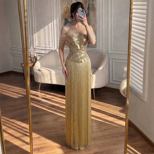 Luxury Gold Off the Shoulder Crystal Beaded Fringe Evening Dress LA73861