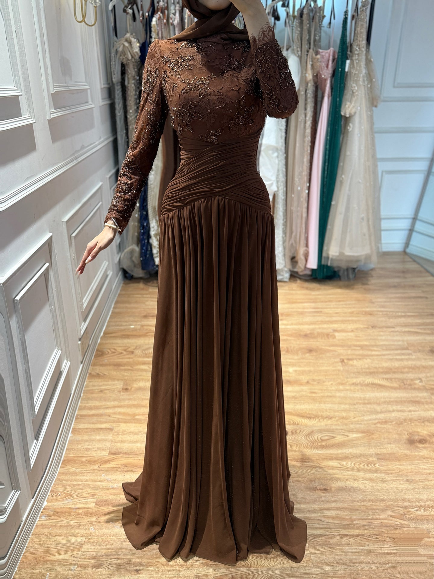 Luxury Coffee Muslim Long Sleeve Beaded Lace A Line Dress LA73862