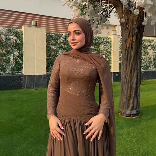Luxury Coffee Muslim Long Sleeve Beaded Lace A Line Dress LA73862